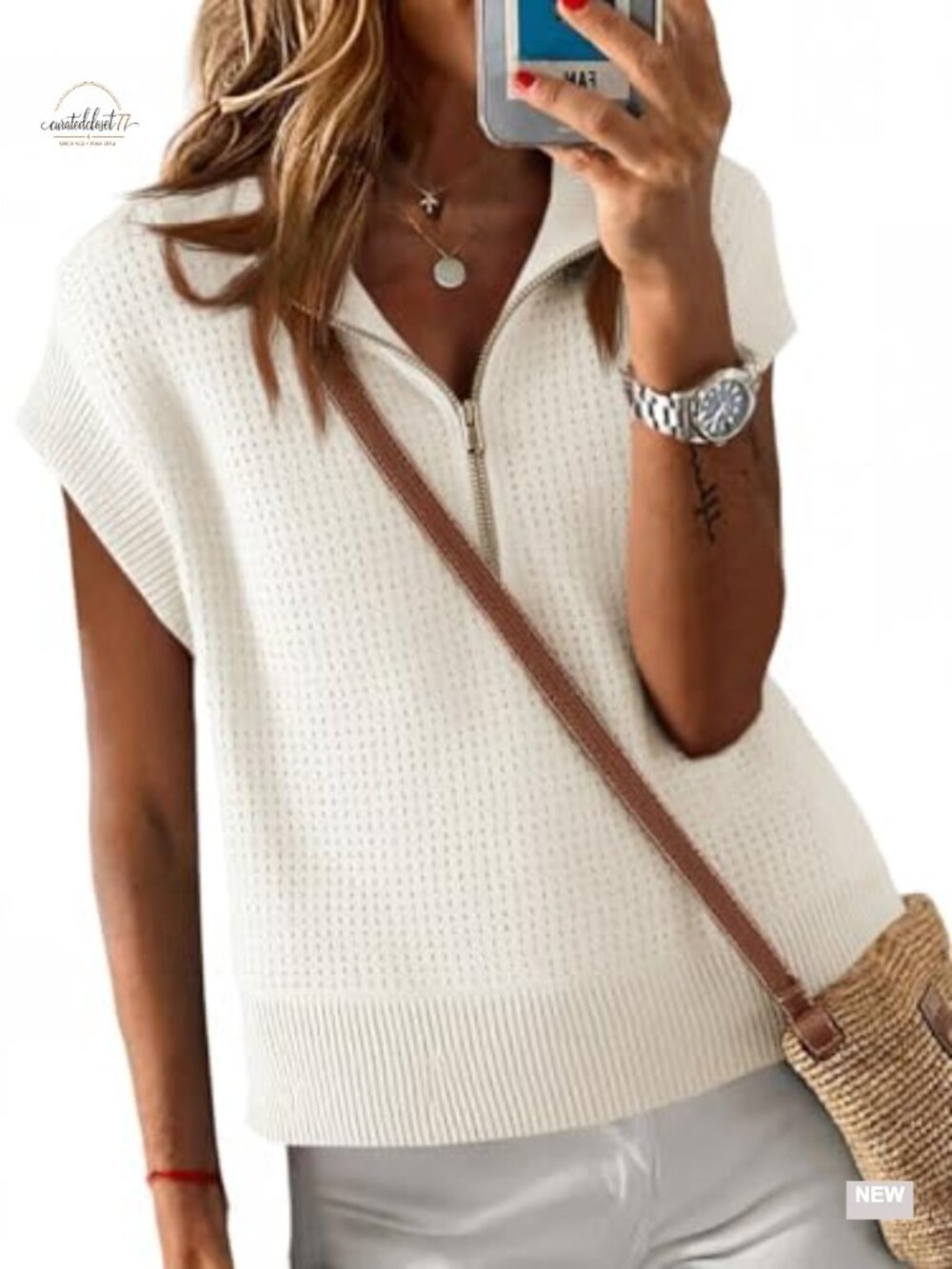 Women's Cropped Knit Sweater Vest Half Zip Cap Sleeve Lightweight Oversized